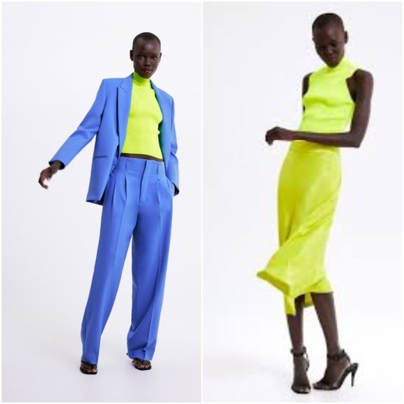 ZARA BANDAGE RIBBED KNIT NEON HIGHLIGHTER YELLOW HALTER HIGH NECK SLEEVELESS TOP - Picture 2 of 7